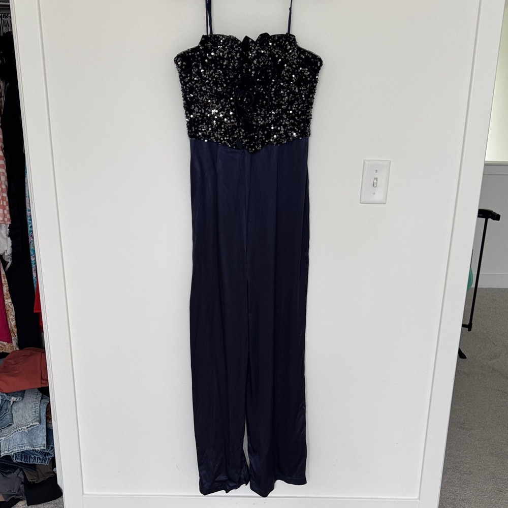 Badgley Mischka Rose Sequin Jumpsuit, Navy Blue - Size 12 - Picture 4 of 10